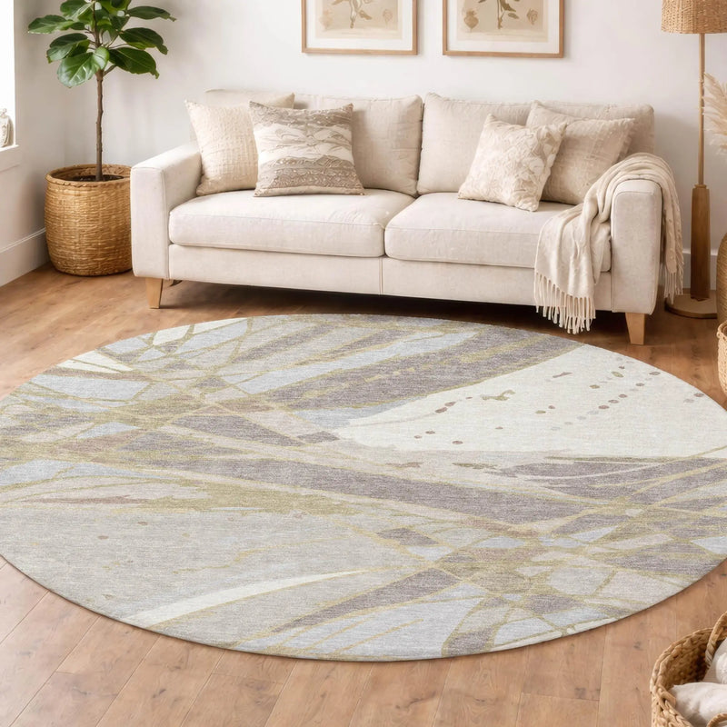 8' Ivory And Silver Round Abstract Washable Indoor Outdoor Area Rug Homeroots Outdoor