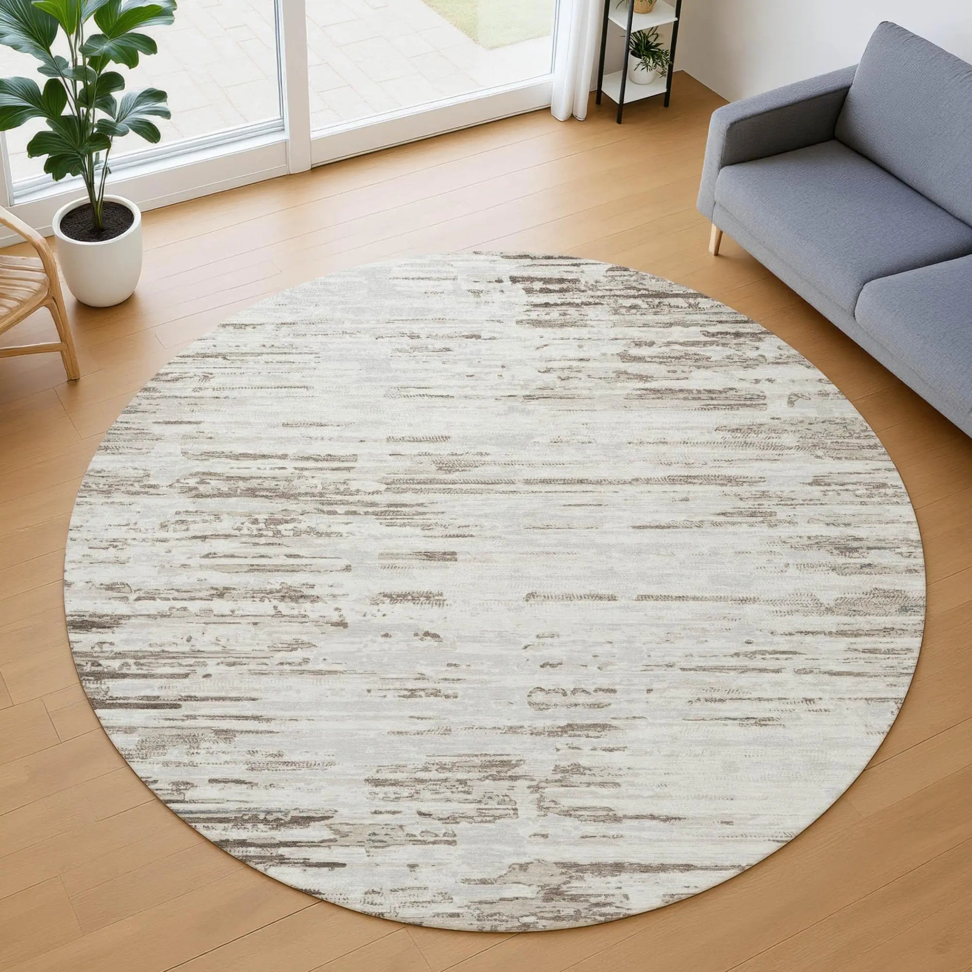 8' Ivory And Silver Round Abstract Washable Indoor Outdoor Area Rug Homeroots Outdoor