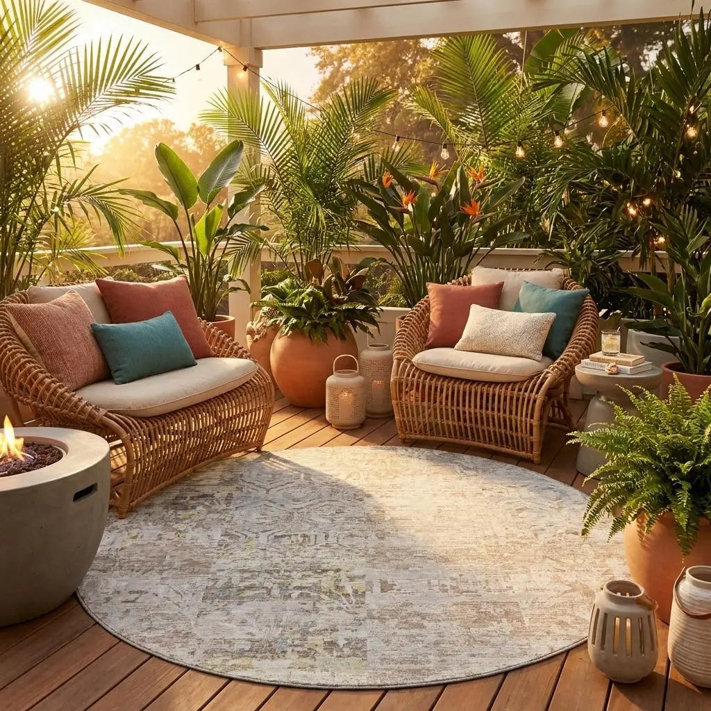 8' Ivory And Silver Round Abstract Washable Indoor Outdoor Area Rug Homeroots Outdoor