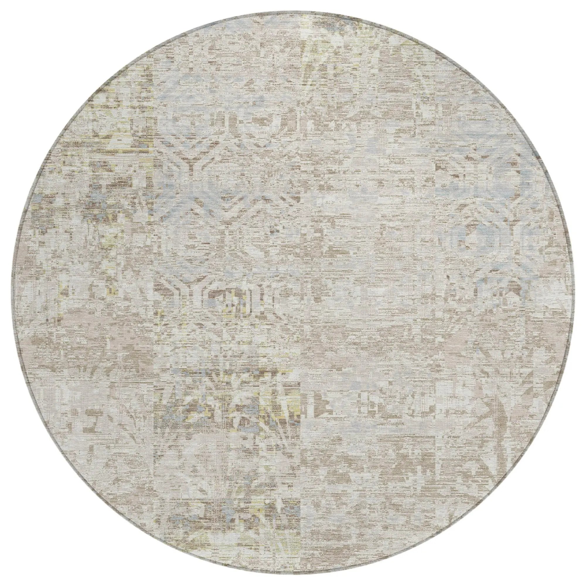 8' Ivory And Silver Round Abstract Washable Indoor Outdoor Area Rug Homeroots Outdoor