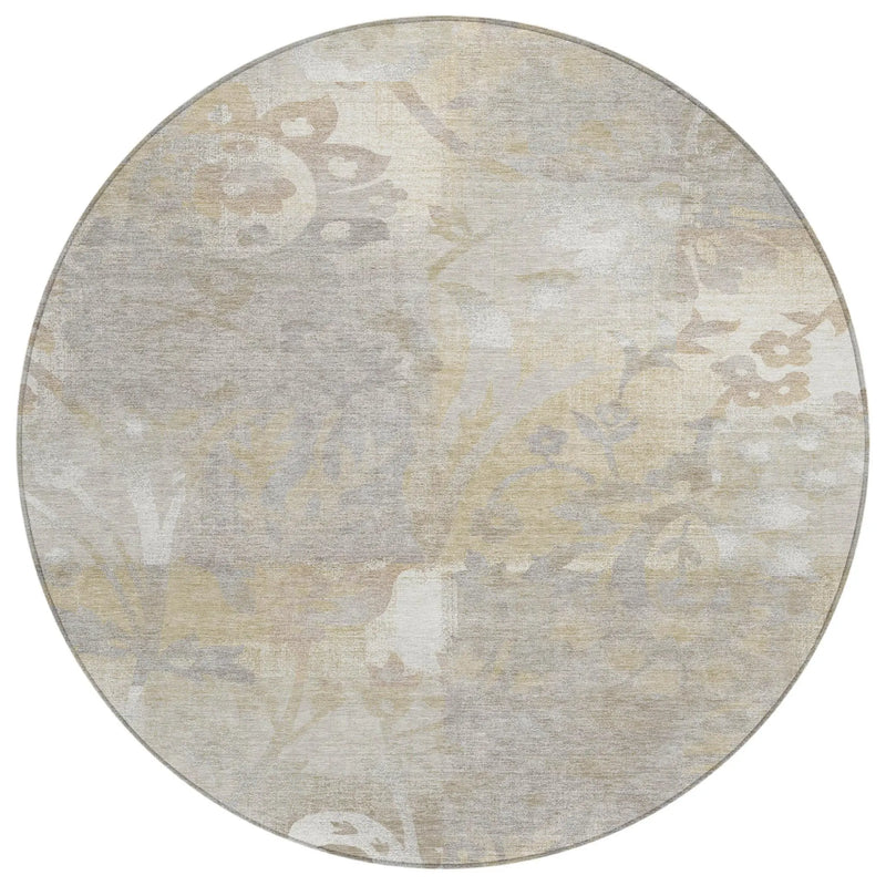 8' Ivory And Silver Round Botanical Leaves Washable Indoor Outdoor Area Rug Homeroots Outdoor