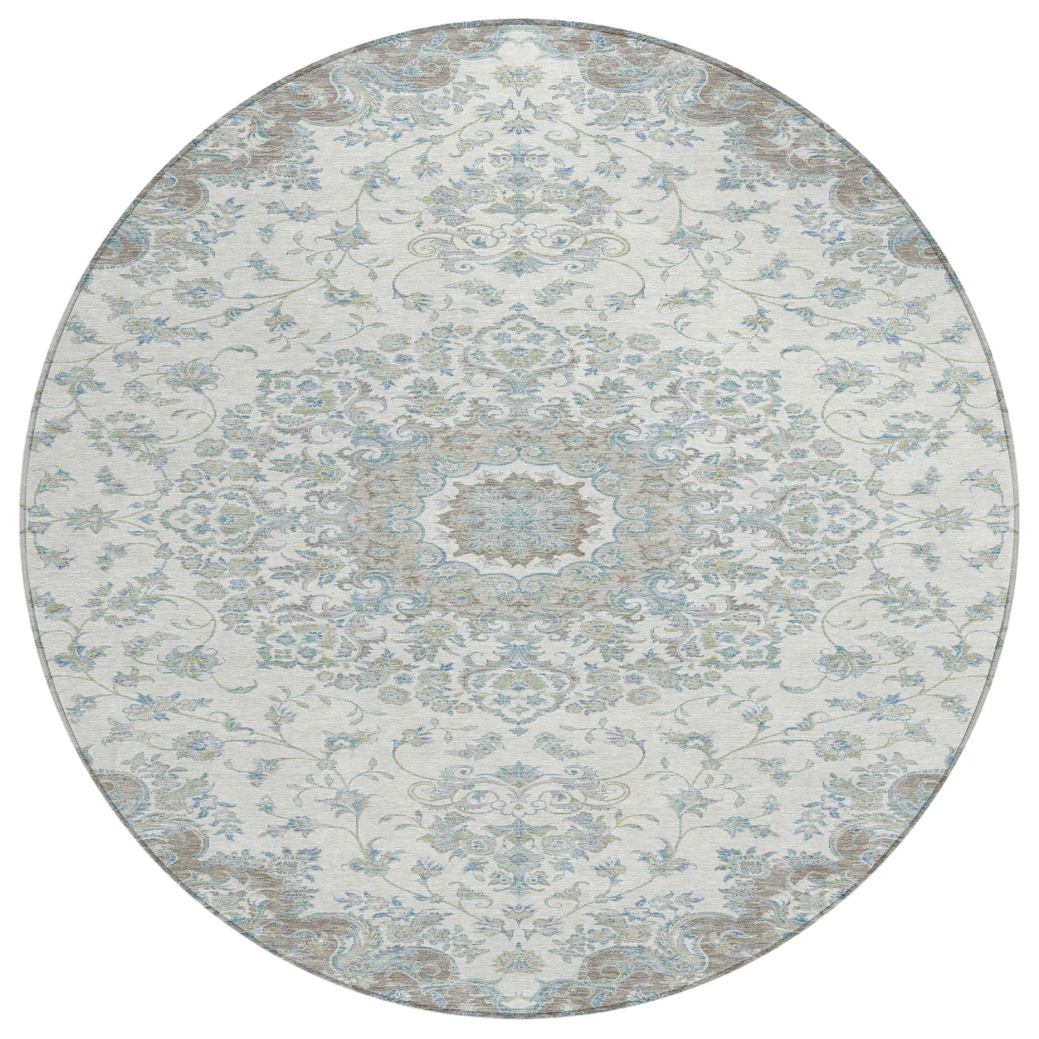 8' Ivory And Silver Round Floral Medallion Washable Indoor Outdoor Area Rug Homeroots Outdoor