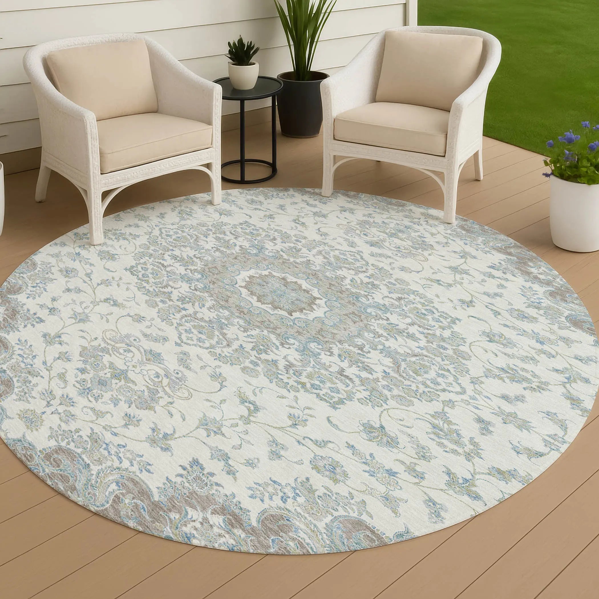 8' Ivory And Silver Round Floral Medallion Washable Indoor Outdoor Area Rug Homeroots Outdoor