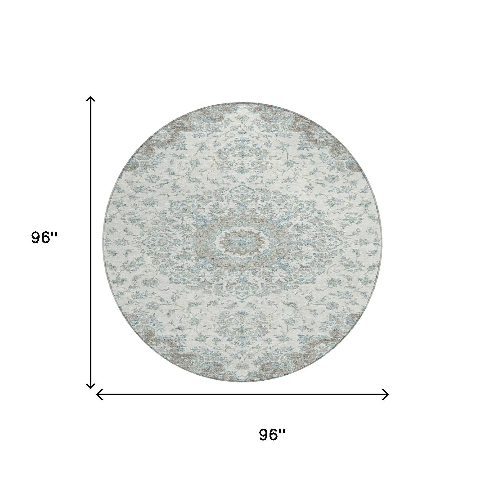 8' Ivory And Silver Round Floral Medallion Washable Indoor Outdoor Area Rug Homeroots Outdoor