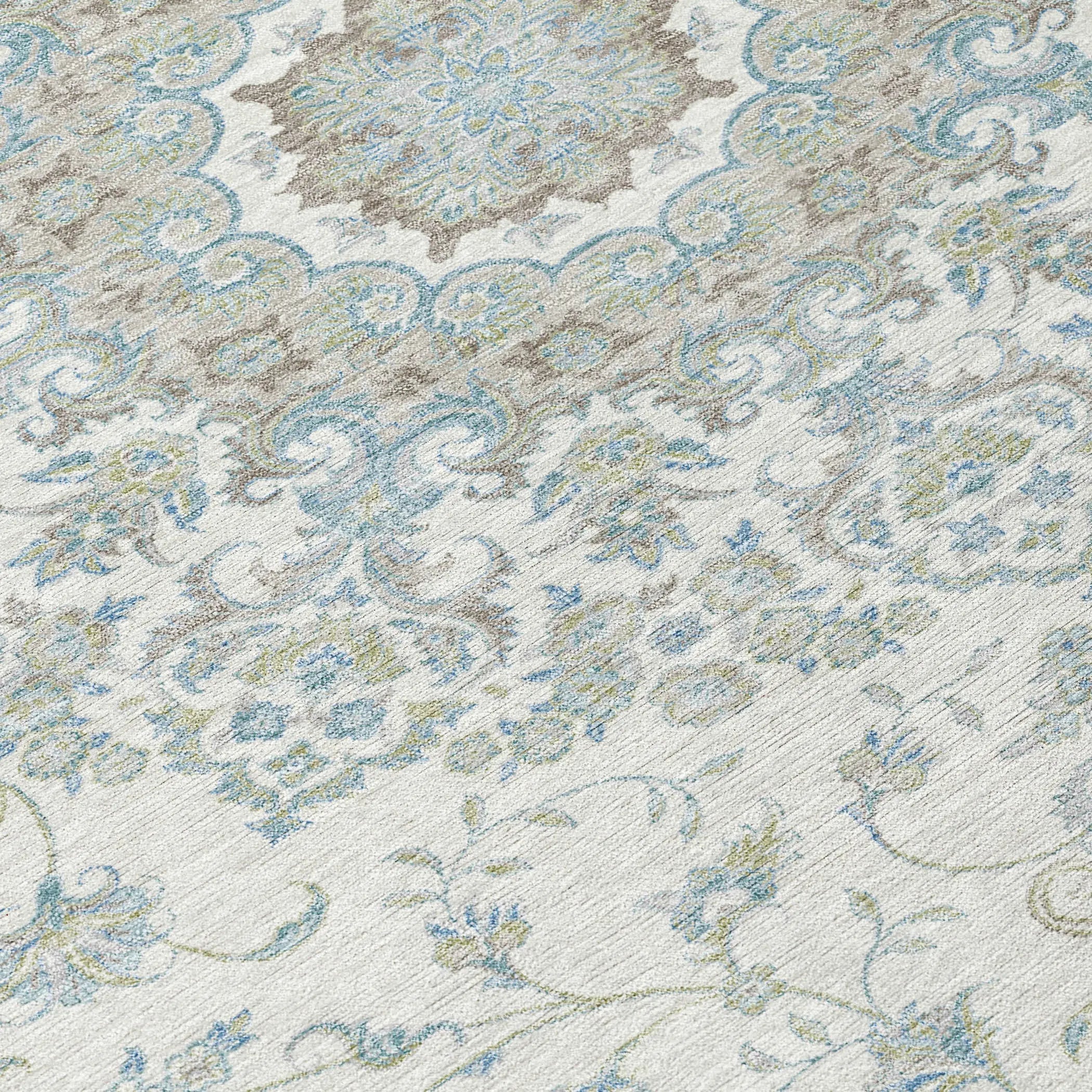 8' Ivory And Silver Round Floral Medallion Washable Indoor Outdoor Area Rug Homeroots Outdoor