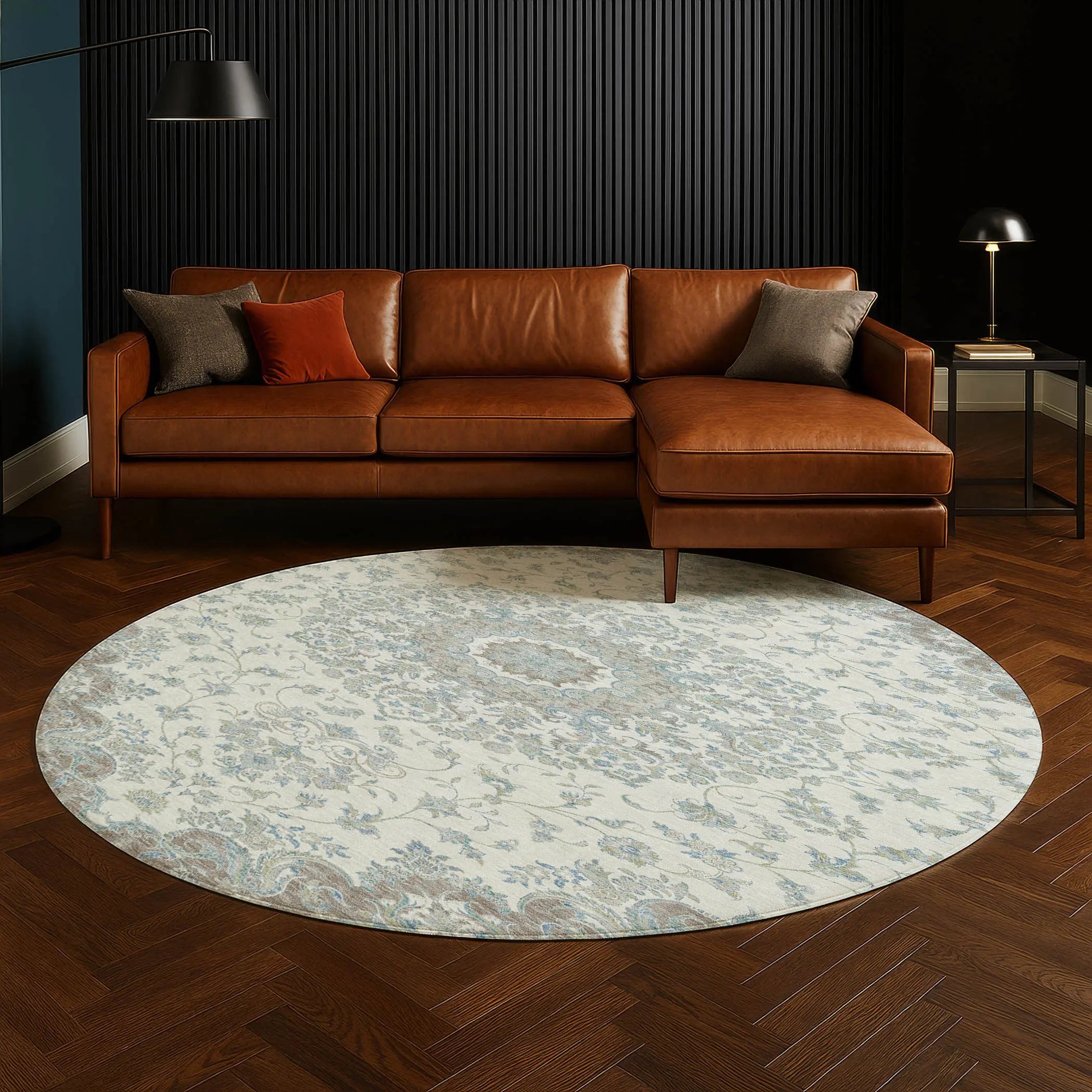 8' Ivory And Silver Round Floral Medallion Washable Indoor Outdoor Area Rug Homeroots Outdoor