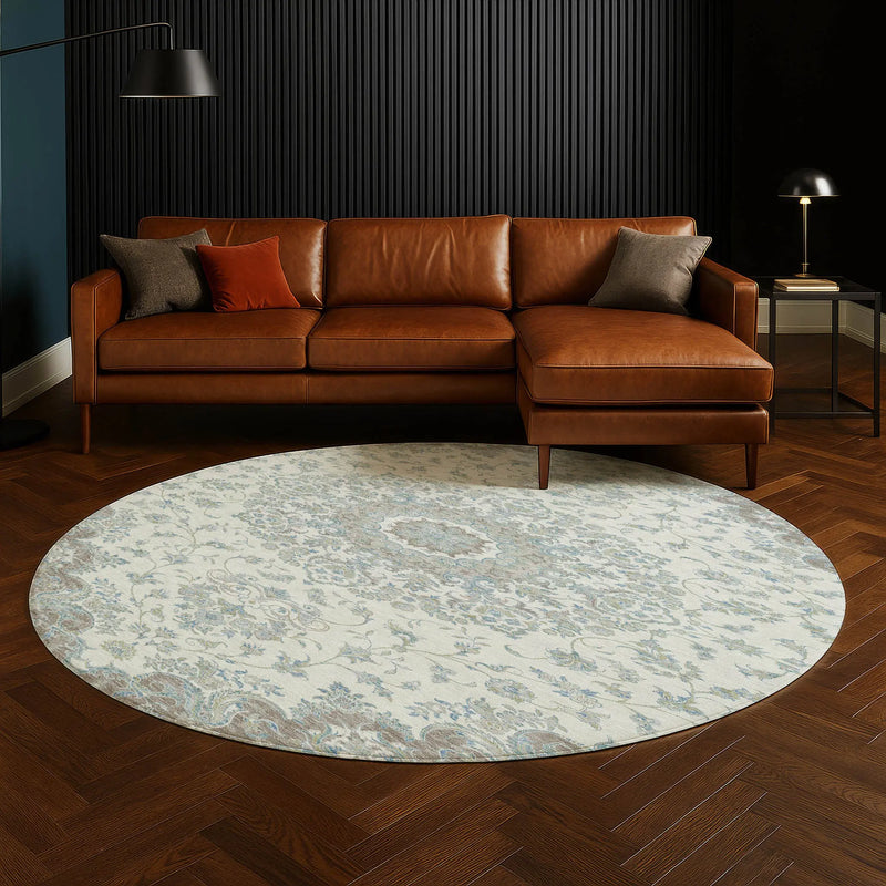 8' Ivory And Silver Round Floral Medallion Washable Indoor Outdoor Area Rug Homeroots Outdoor