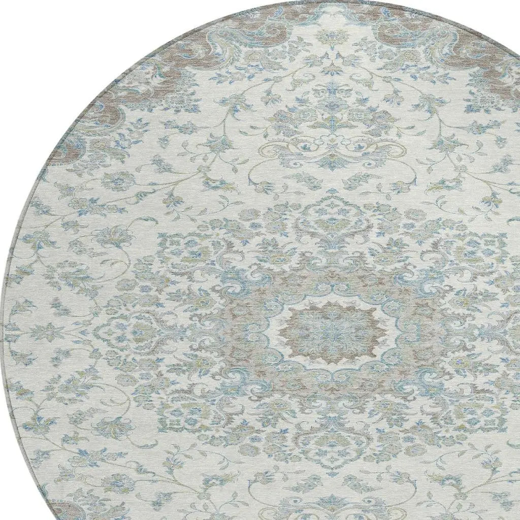 8' Ivory And Silver Round Floral Medallion Washable Indoor Outdoor Area Rug Homeroots Outdoor