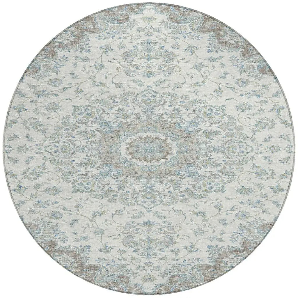8' Ivory And Silver Round Floral Medallion Washable Indoor Outdoor Area Rug Homeroots Outdoor