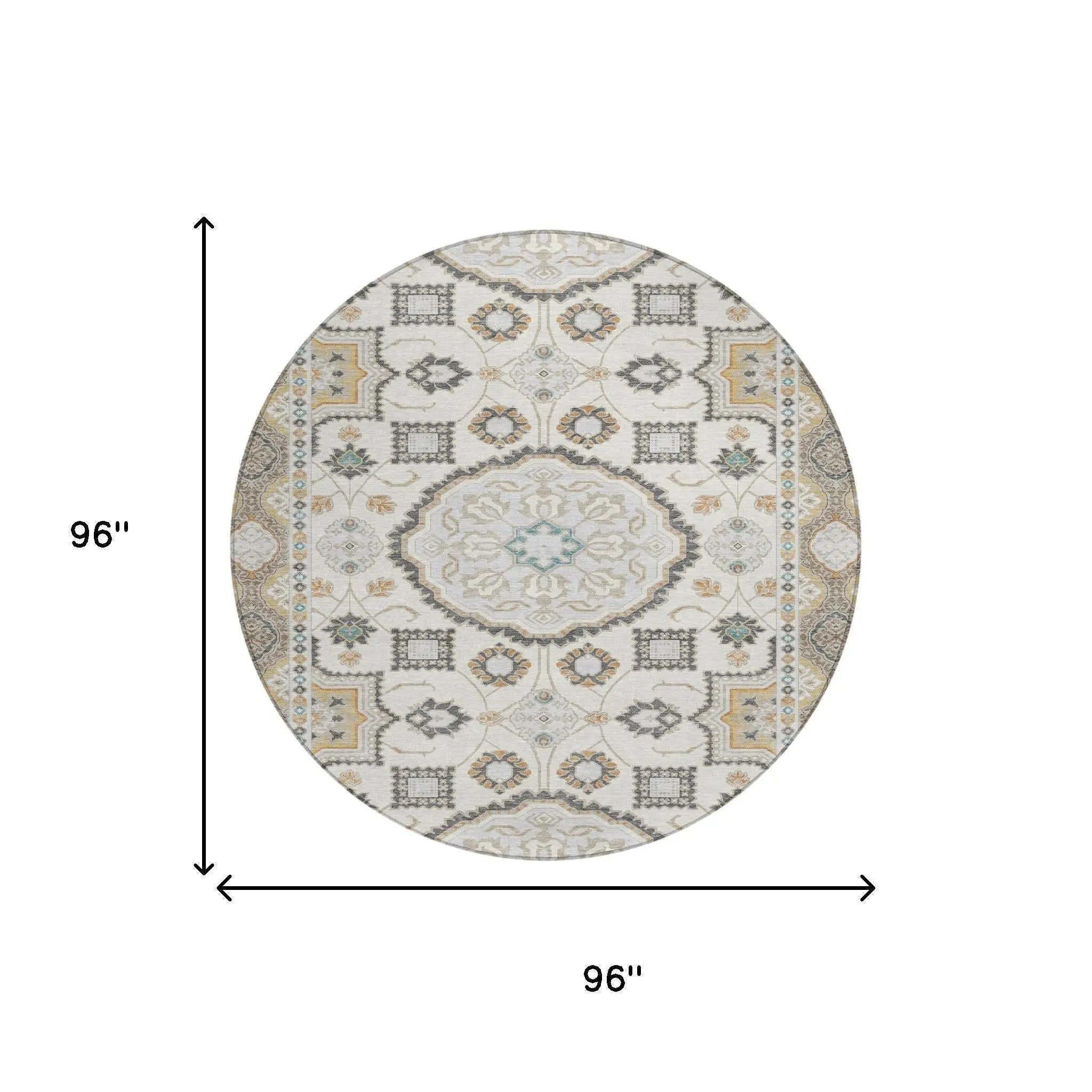 8' Ivory And Silver Round Floral Medallion Washable Indoor Outdoor Area Rug Homeroots Outdoor