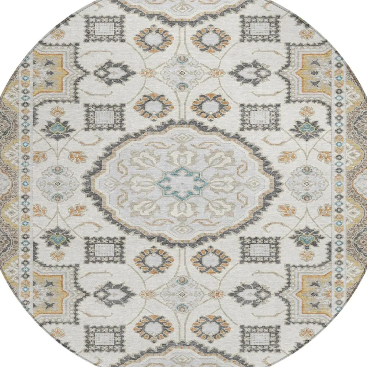 8' Ivory And Silver Round Floral Medallion Washable Indoor Outdoor Area Rug Homeroots Outdoor