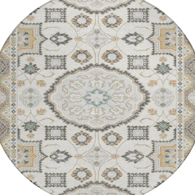 8' Ivory And Silver Round Floral Medallion Washable Indoor Outdoor Area Rug Homeroots Outdoor