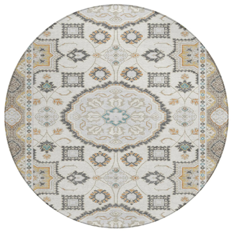 8' Ivory And Silver Round Floral Medallion Washable Indoor Outdoor Area Rug Homeroots Outdoor