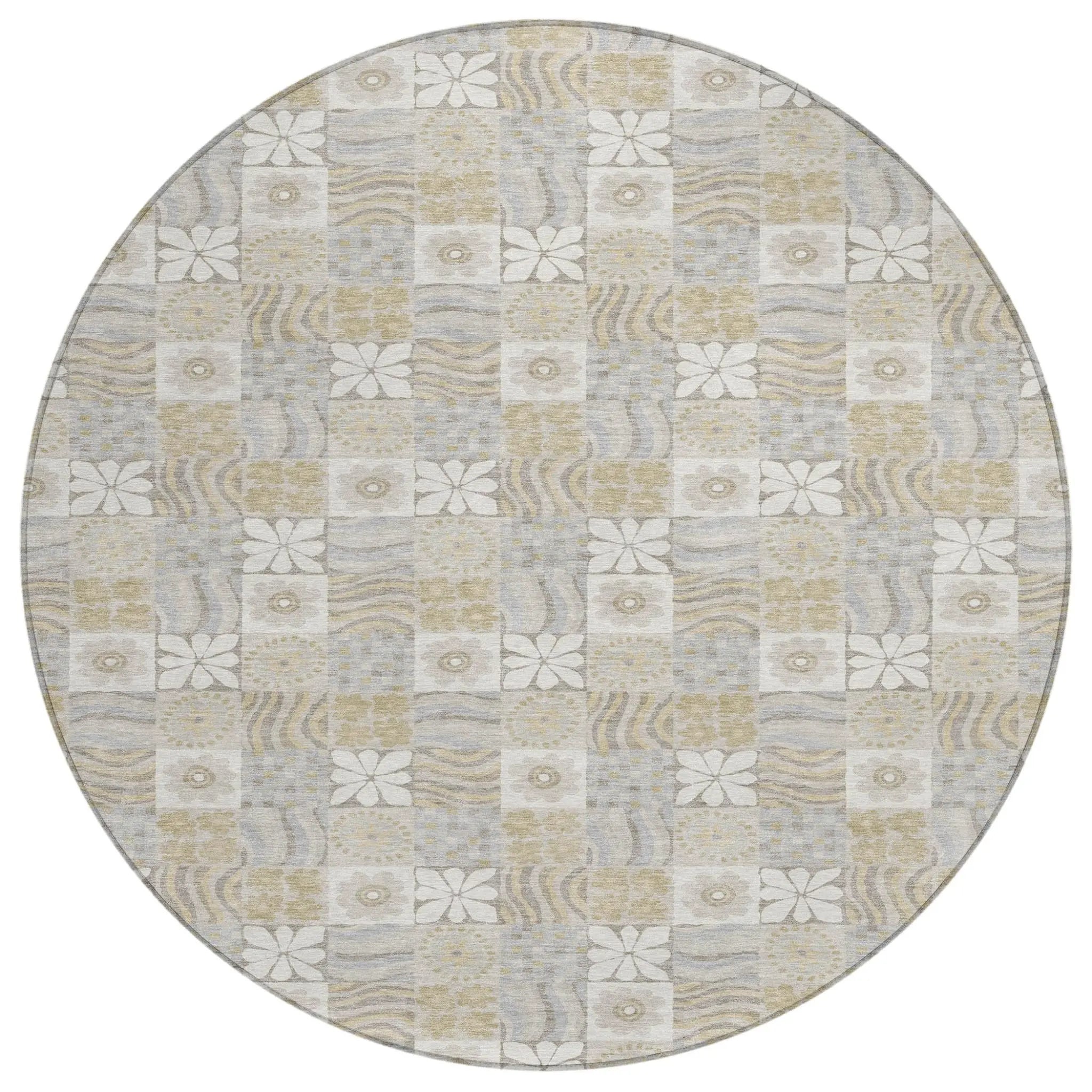 8' Ivory And Silver Round Floral Washable Indoor Outdoor Area Rug Homeroots Outdoor