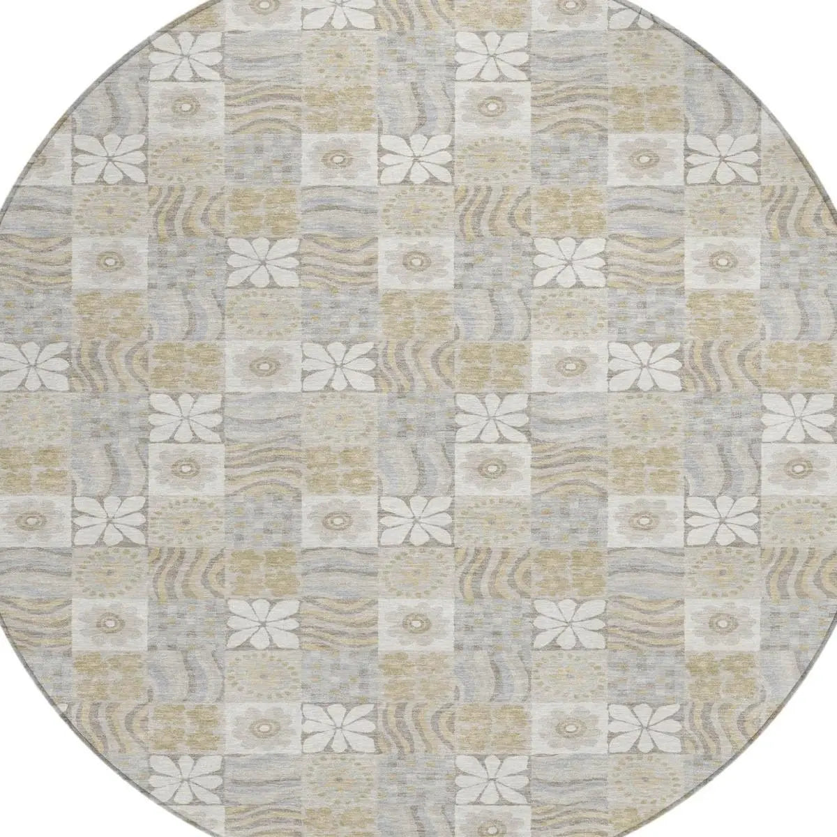 8' Ivory And Silver Round Floral Washable Indoor Outdoor Area Rug Homeroots Outdoor