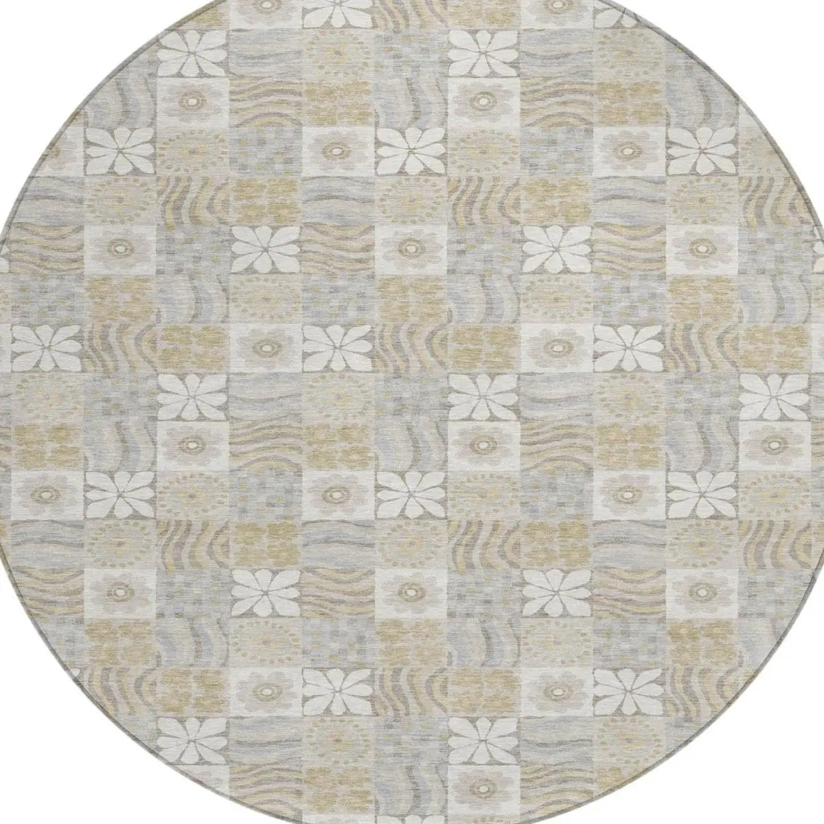 8' Ivory And Silver Round Floral Washable Indoor Outdoor Area Rug Homeroots Outdoor