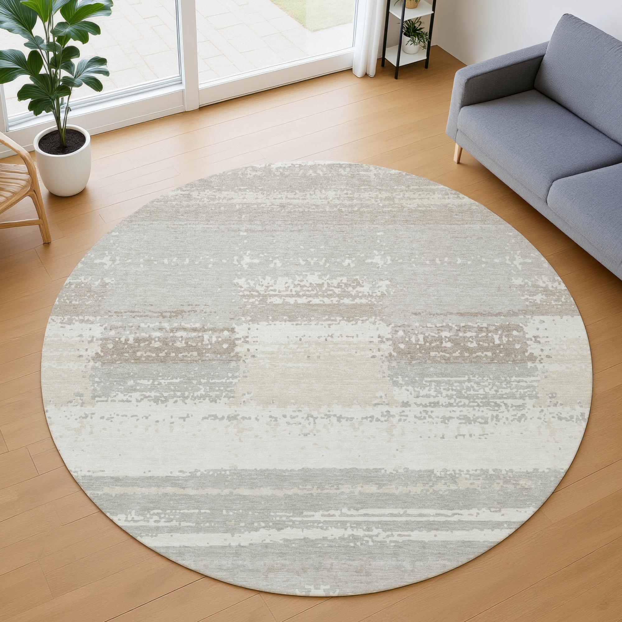 8' Ivory And Silver Round Geometric Washable Indoor Outdoor Area Rug Homeroots Outdoor