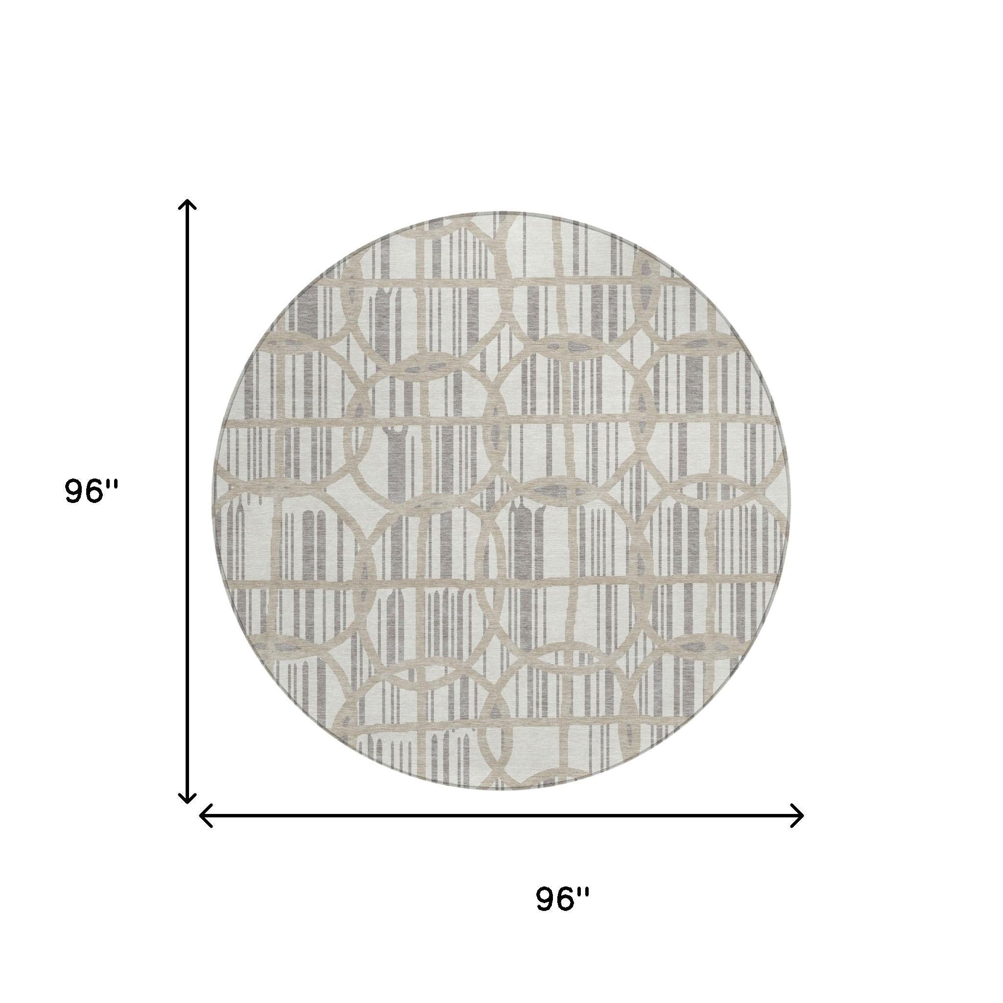 8' Ivory And Silver Round Geometric Washable Indoor Outdoor Area Rug Homeroots Outdoor
