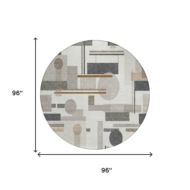 8' Ivory And Silver Round Geometric Washable Indoor Outdoor Area Rug Homeroots Outdoor