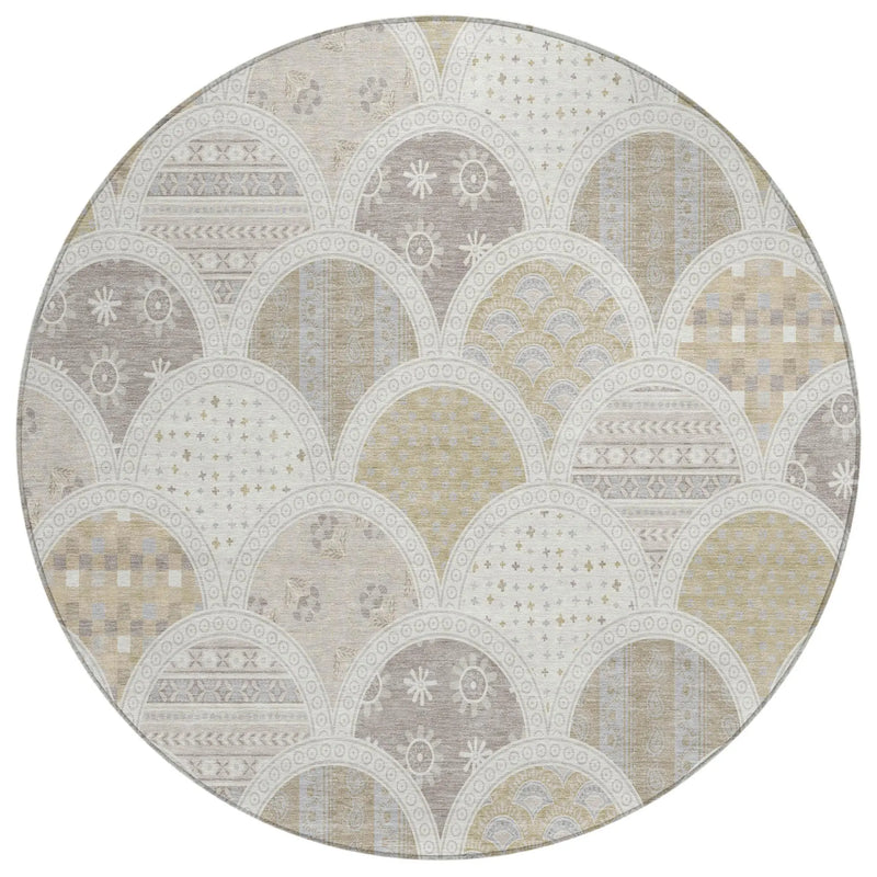 8' Ivory And Silver Round Geometric Washable Indoor Outdoor Area Rug Homeroots Outdoor