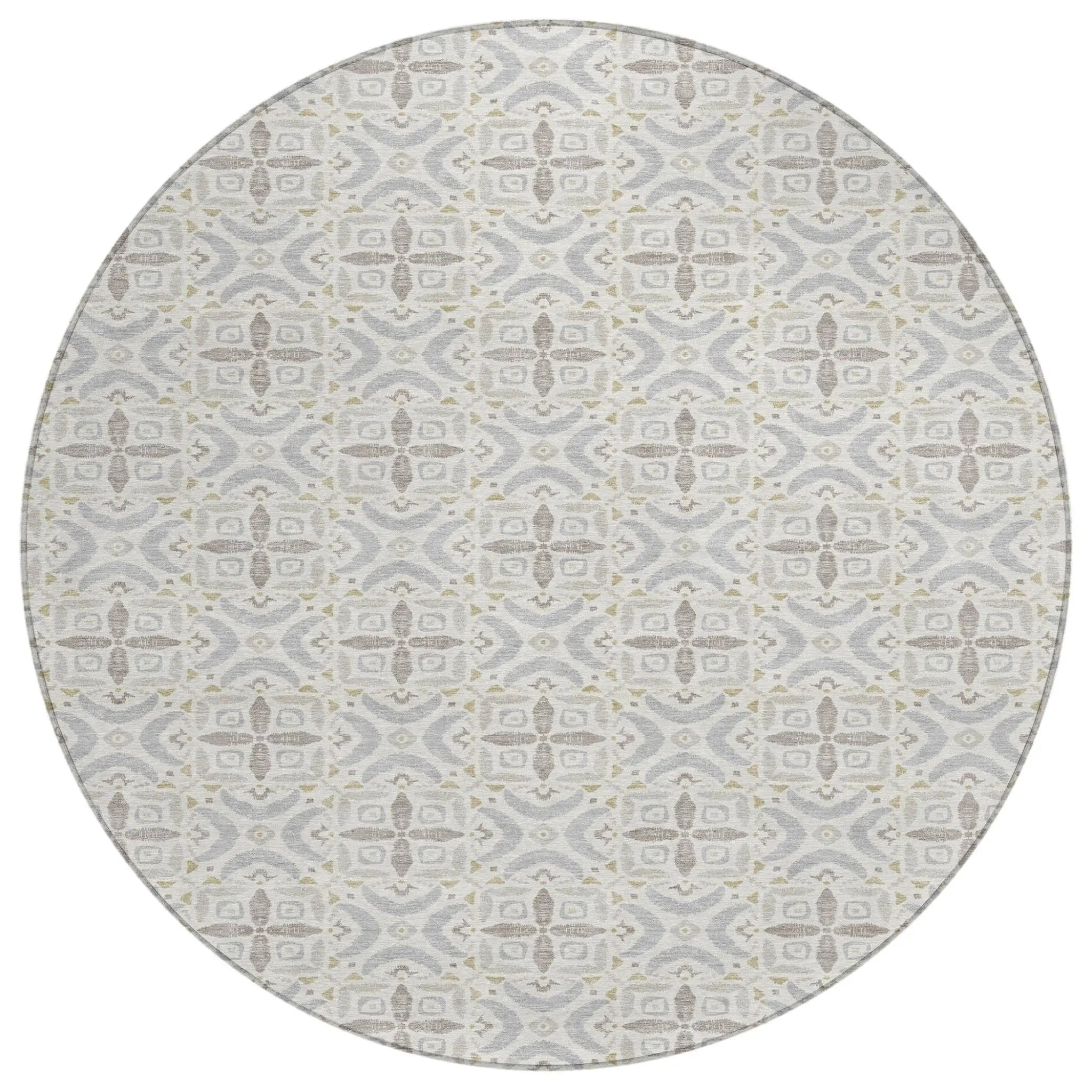 8' Ivory And Silver Round Geometric Washable Indoor Outdoor Area Rug Homeroots Outdoor