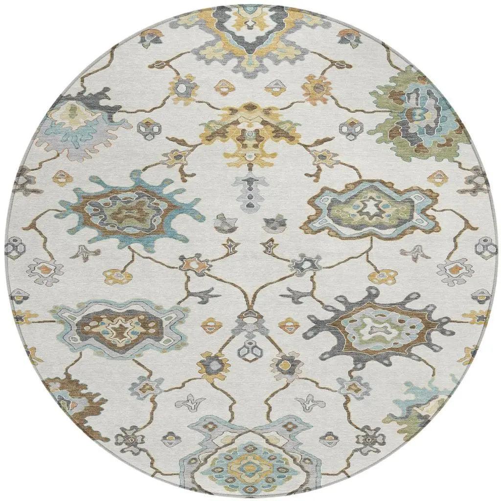 8' Ivory And Silver Round Oriental Washable Indoor Outdoor Area Rug Homeroots Outdoor