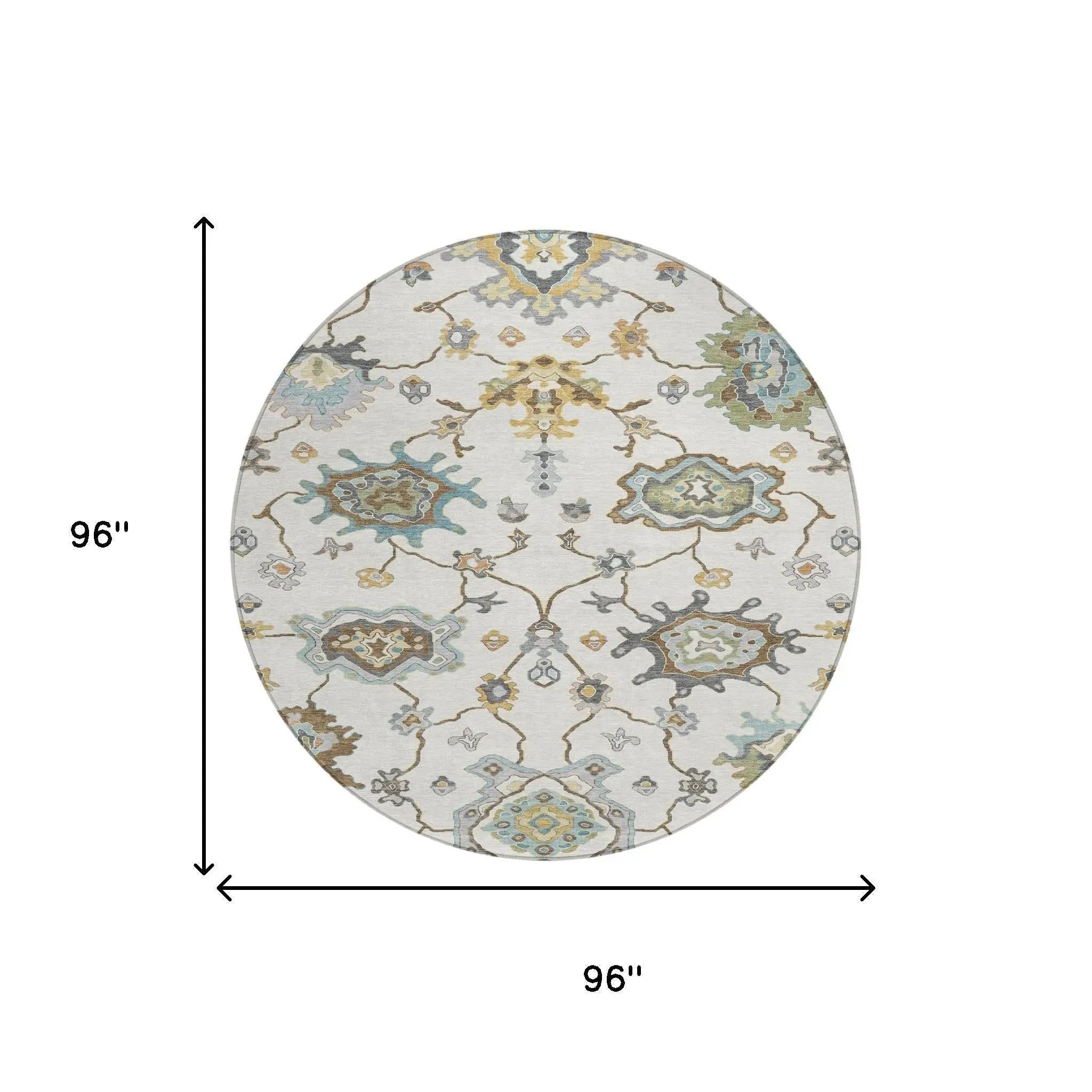 8' Ivory And Silver Round Oriental Washable Indoor Outdoor Area Rug Homeroots Outdoor