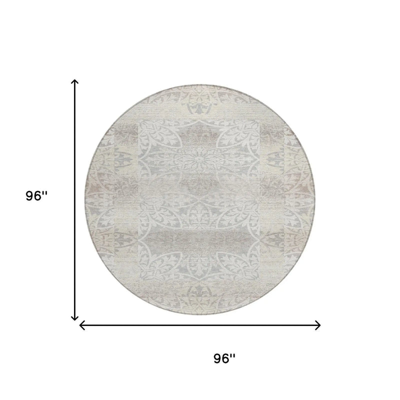 8' Ivory And Silver Round Oriental Washable Indoor Outdoor Area Rug Homeroots Outdoor