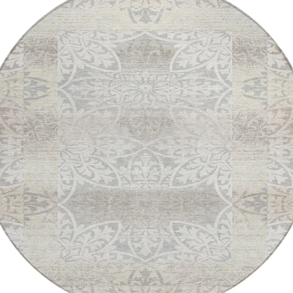 8' Ivory And Silver Round Oriental Washable Indoor Outdoor Area Rug Homeroots Outdoor