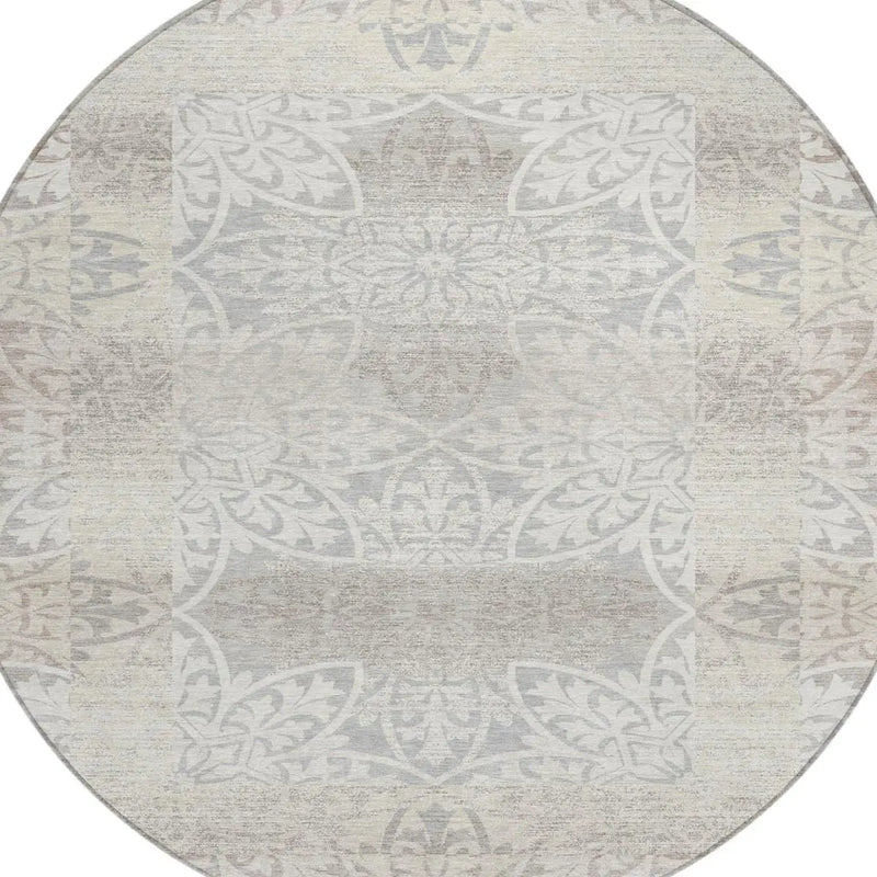 8' Ivory And Silver Round Oriental Washable Indoor Outdoor Area Rug Homeroots Outdoor