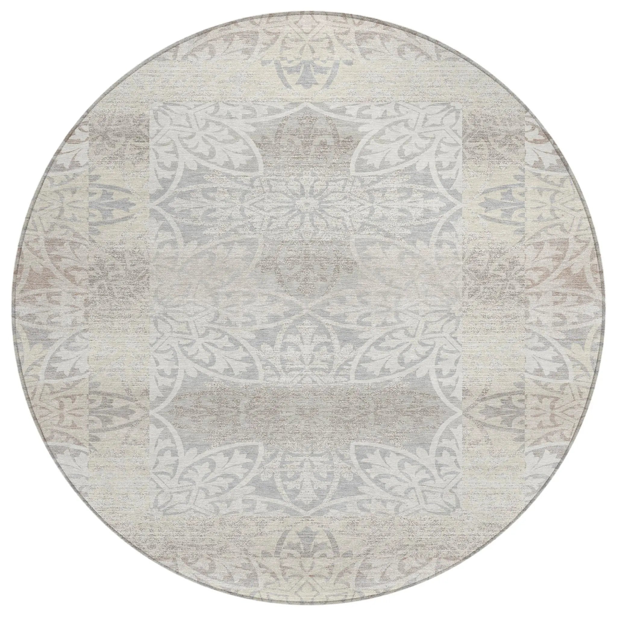 8' Ivory And Silver Round Oriental Washable Indoor Outdoor Area Rug Homeroots Outdoor