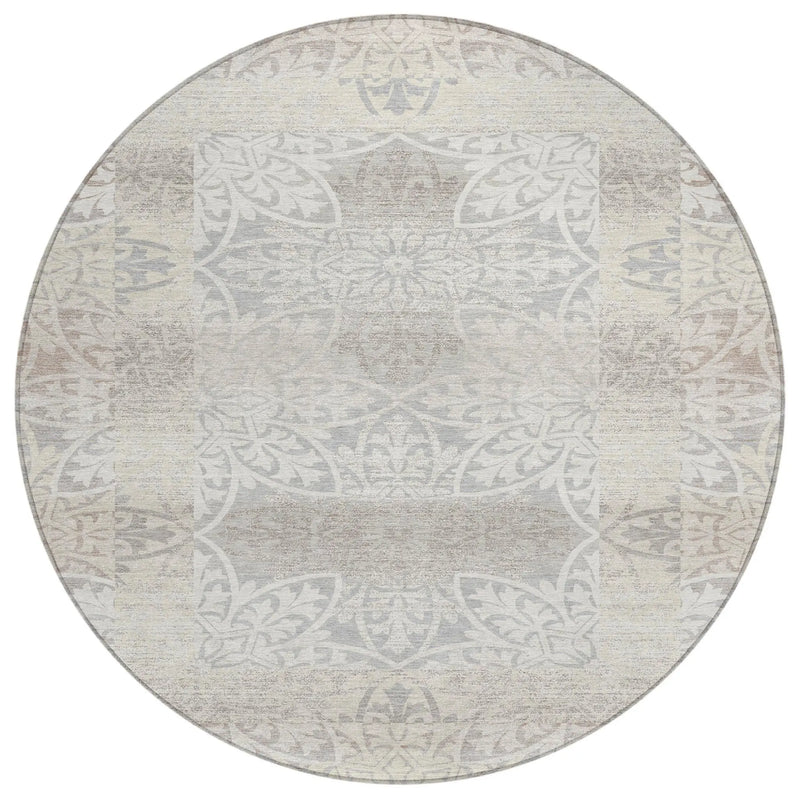 8' Ivory And Silver Round Oriental Washable Indoor Outdoor Area Rug Homeroots Outdoor