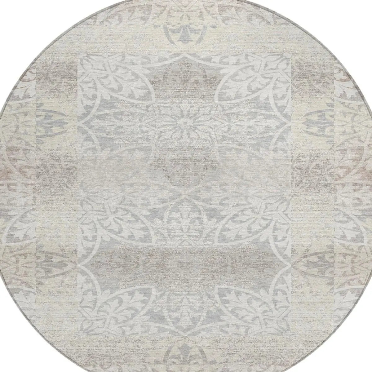 8' Ivory And Silver Round Oriental Washable Indoor Outdoor Area Rug Homeroots Outdoor