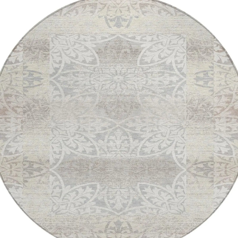 8' Ivory And Silver Round Oriental Washable Indoor Outdoor Area Rug Homeroots Outdoor
