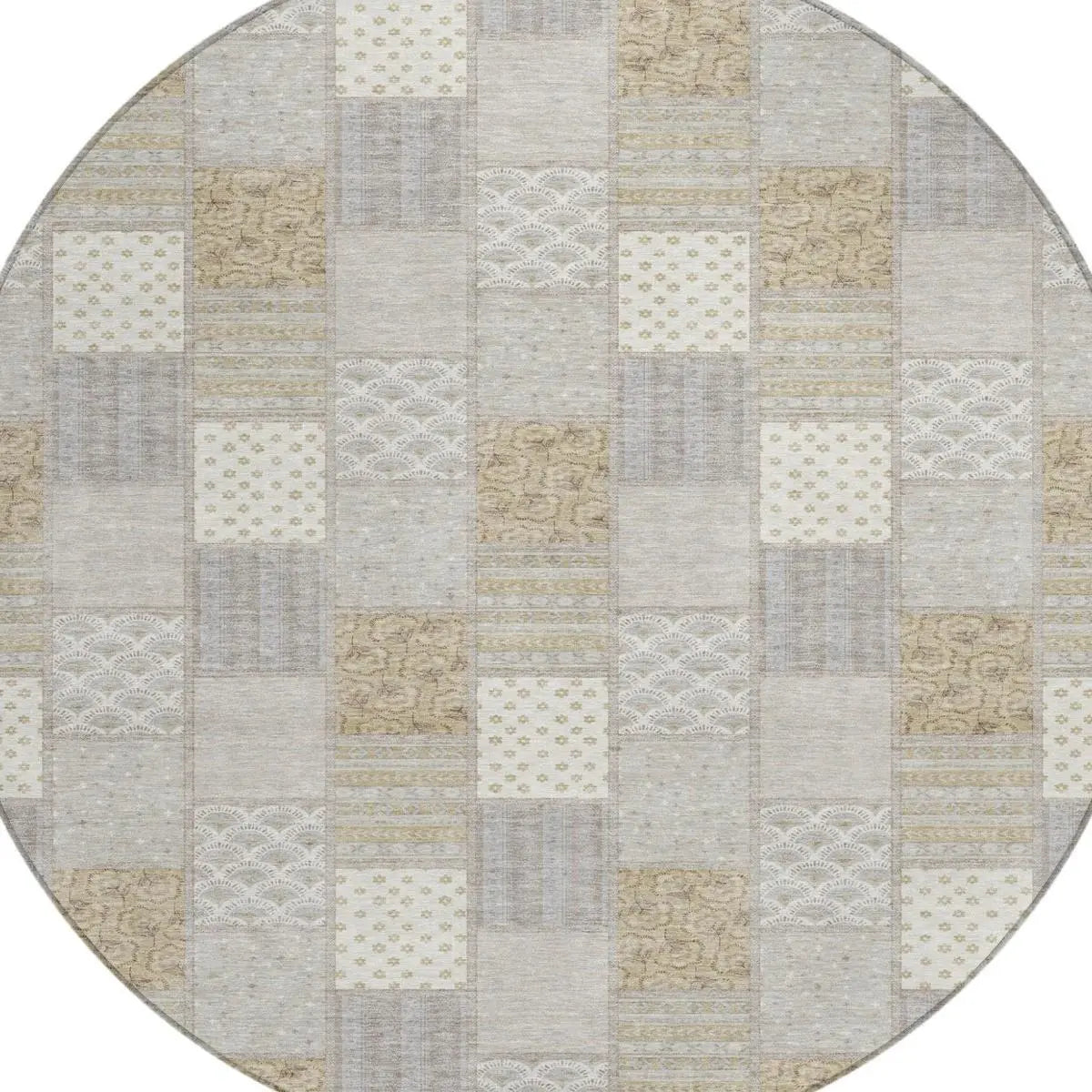8' Ivory And Silver Round Patchwork Washable Indoor Outdoor Area Rug Homeroots Outdoor