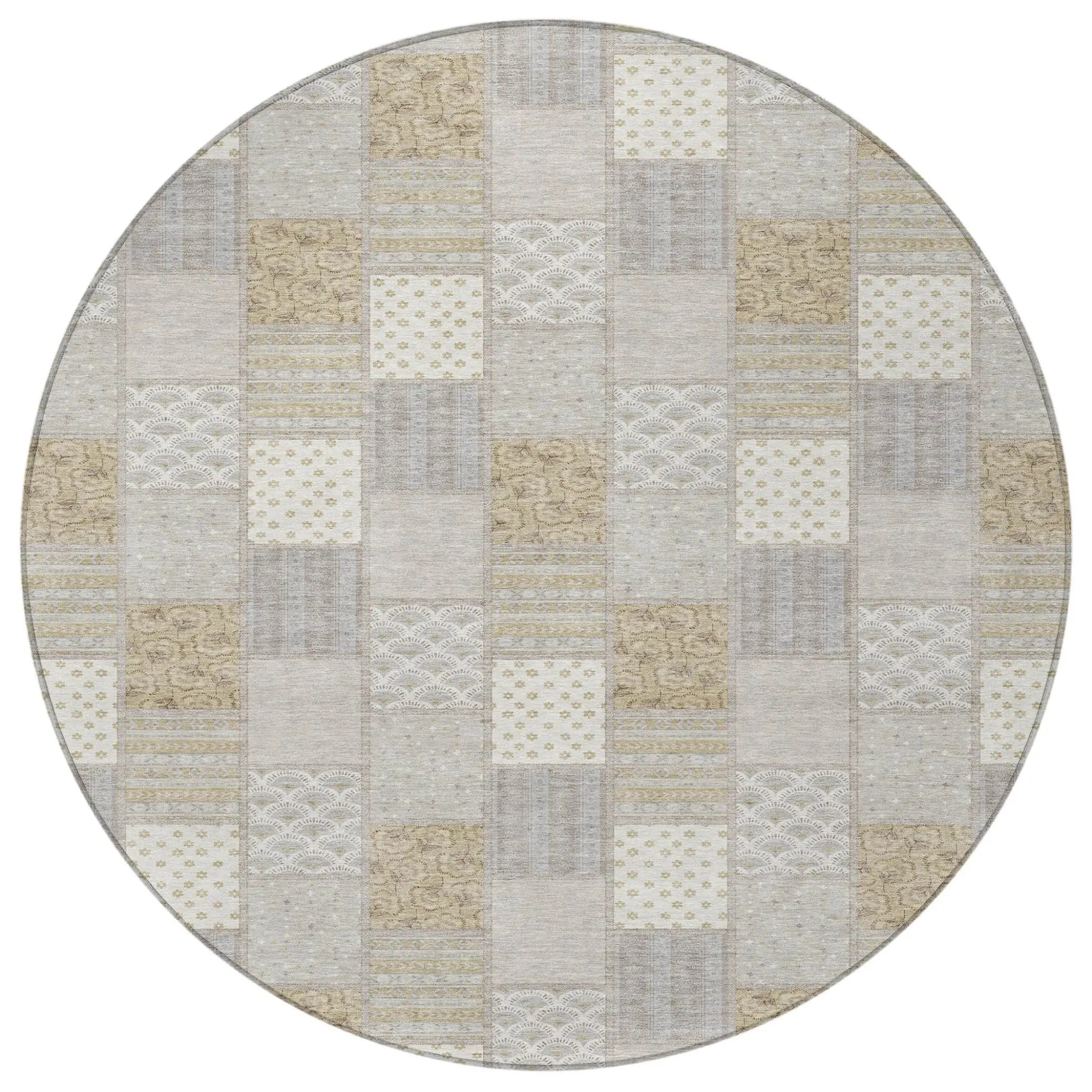 8' Ivory And Silver Round Patchwork Washable Indoor Outdoor Area Rug Homeroots Outdoor
