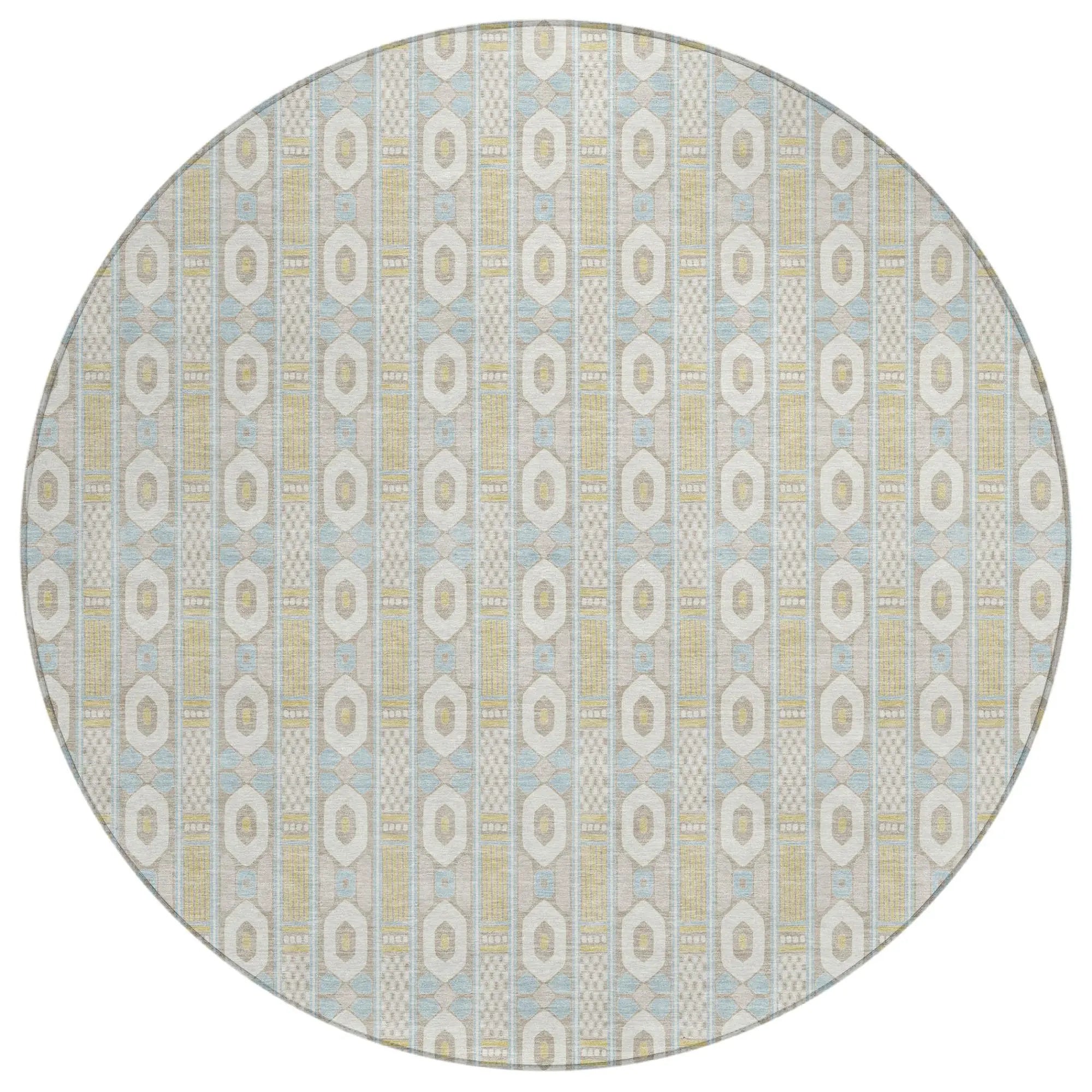 8' Ivory And Silver Round Striped Washable Indoor Outdoor Area Rug Homeroots Outdoor