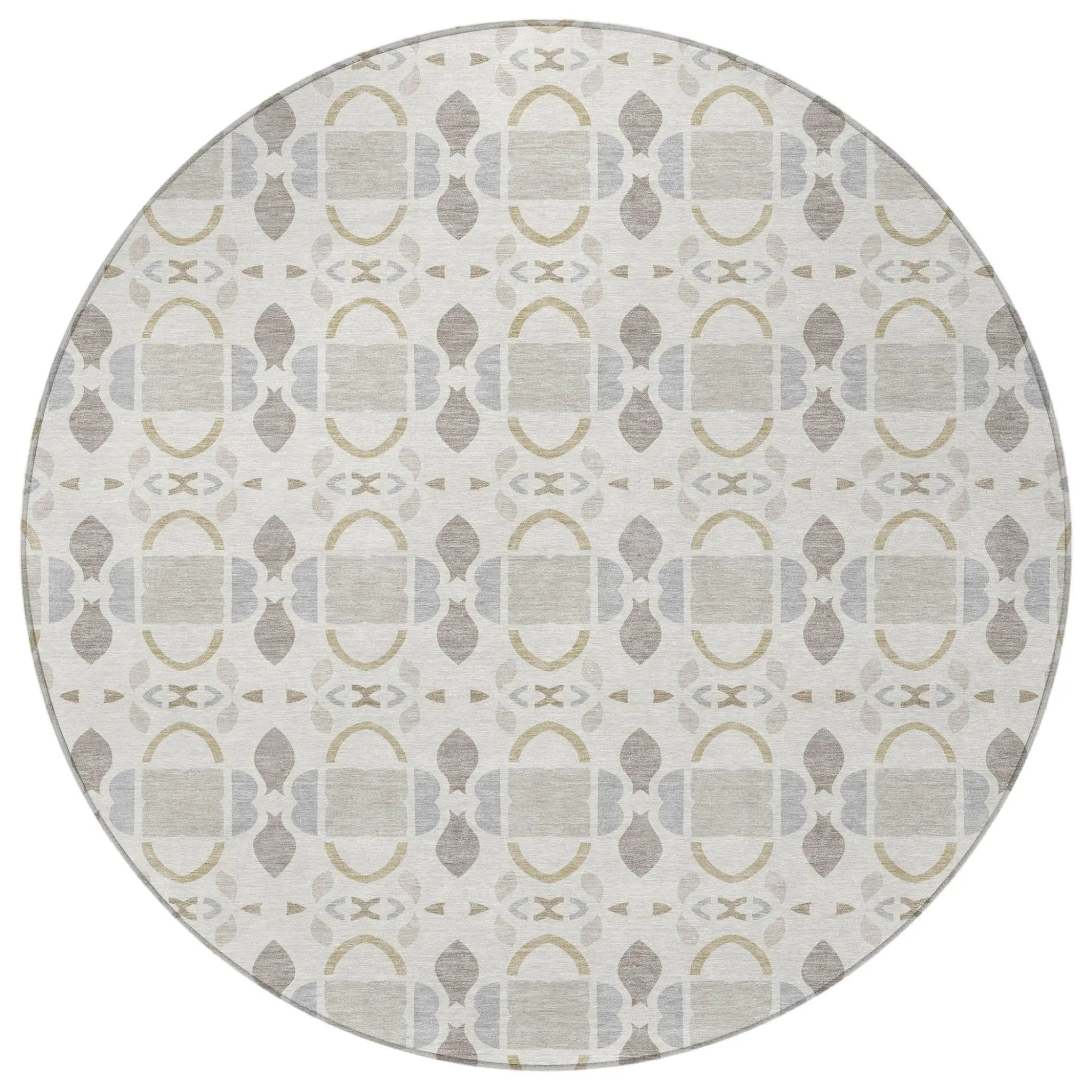 8' Ivory And Silver Round Striped Washable Indoor Outdoor Area Rug Homeroots Outdoor