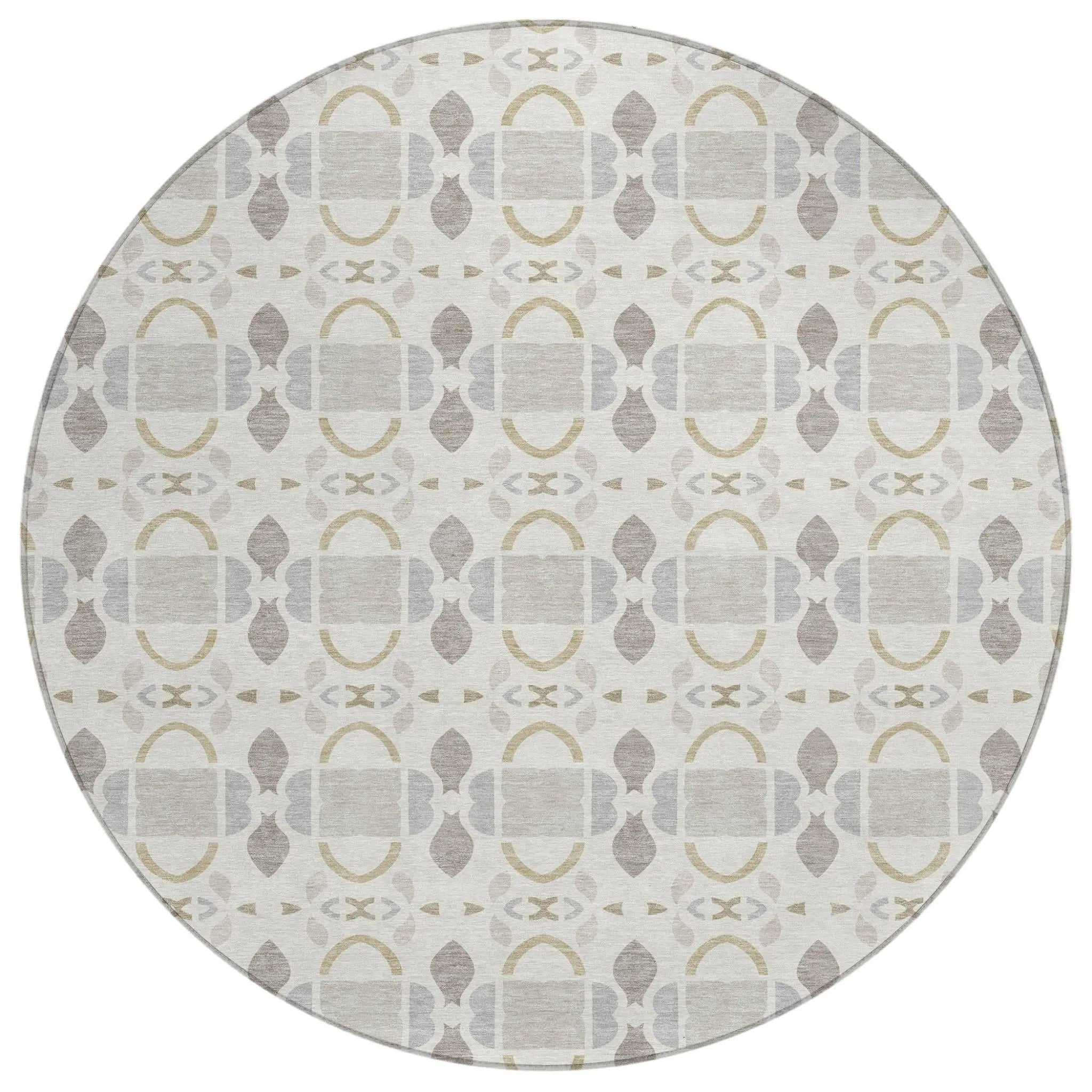8' Ivory And Silver Round Striped Washable Indoor Outdoor Area Rug Homeroots Outdoor