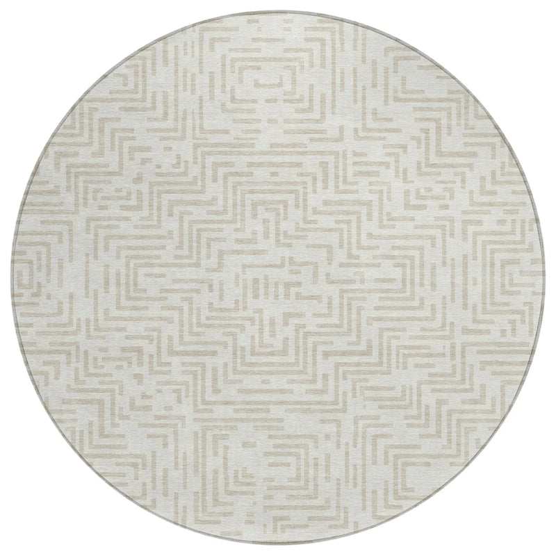 8' Ivory And Sky Blue Round Geometric Washable Indoor Outdoor Area Rug Homeroots Outdoor