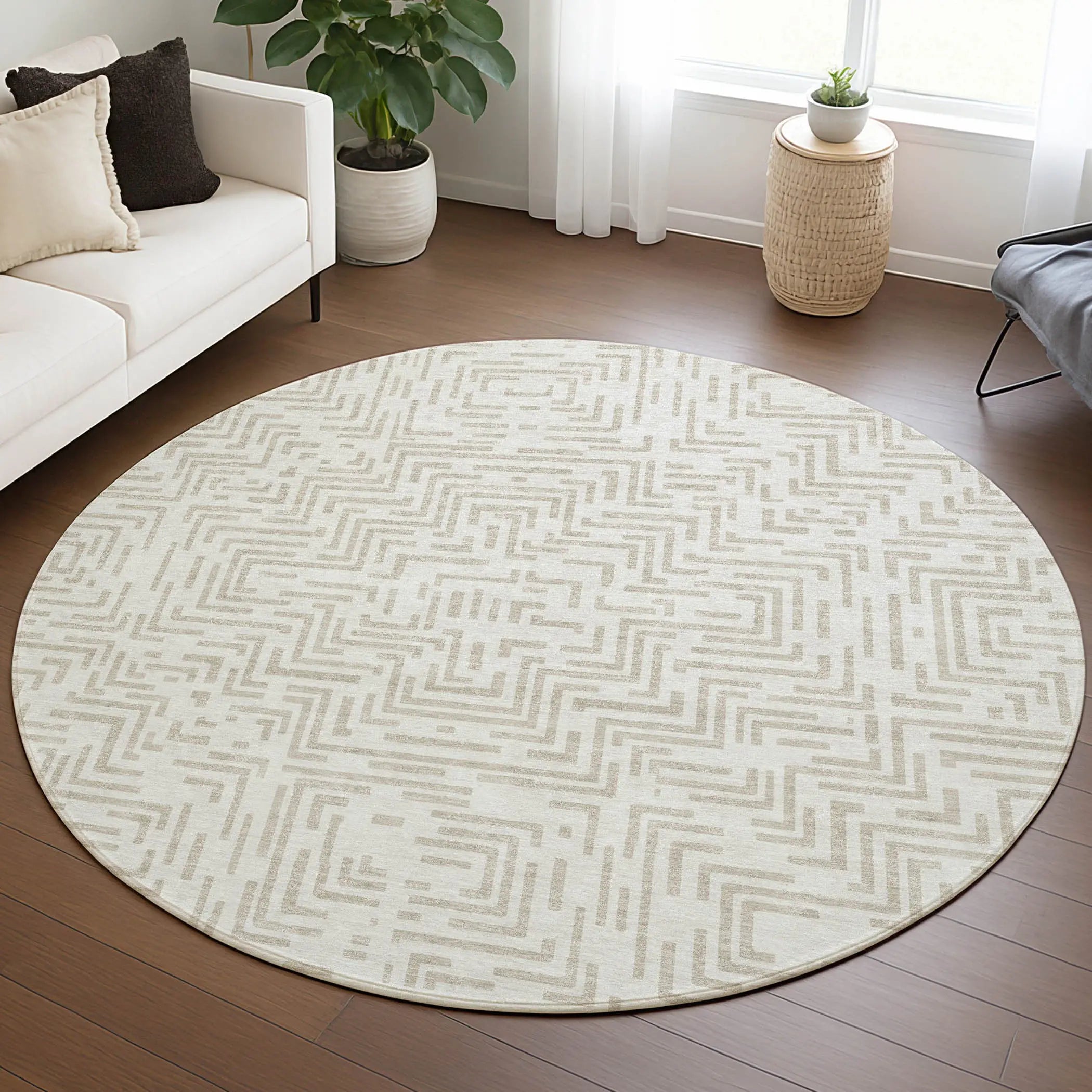 8' Ivory And Sky Blue Round Geometric Washable Indoor Outdoor Area Rug Homeroots Outdoor