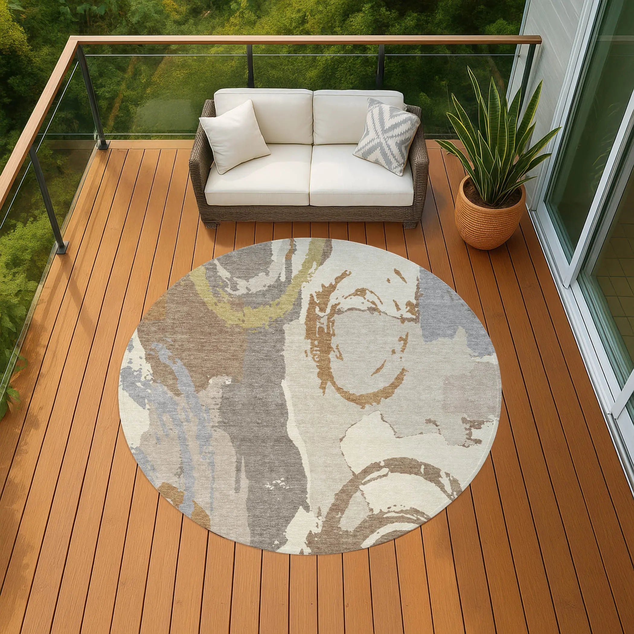 8' Ivory And Taupe Round Abstract Washable Indoor Outdoor Area Rug Homeroots Outdoor