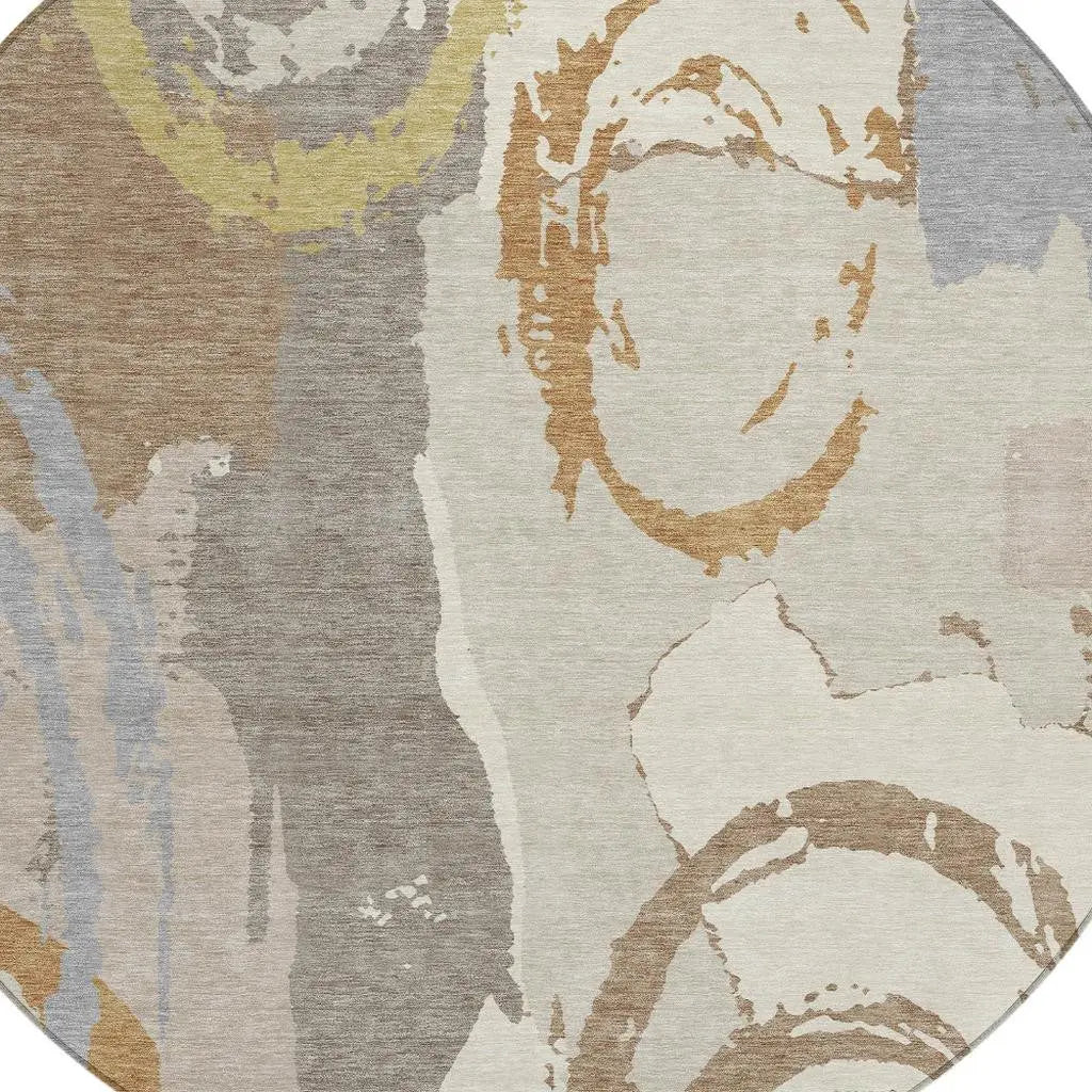 8' Ivory And Taupe Round Abstract Washable Indoor Outdoor Area Rug Homeroots Outdoor