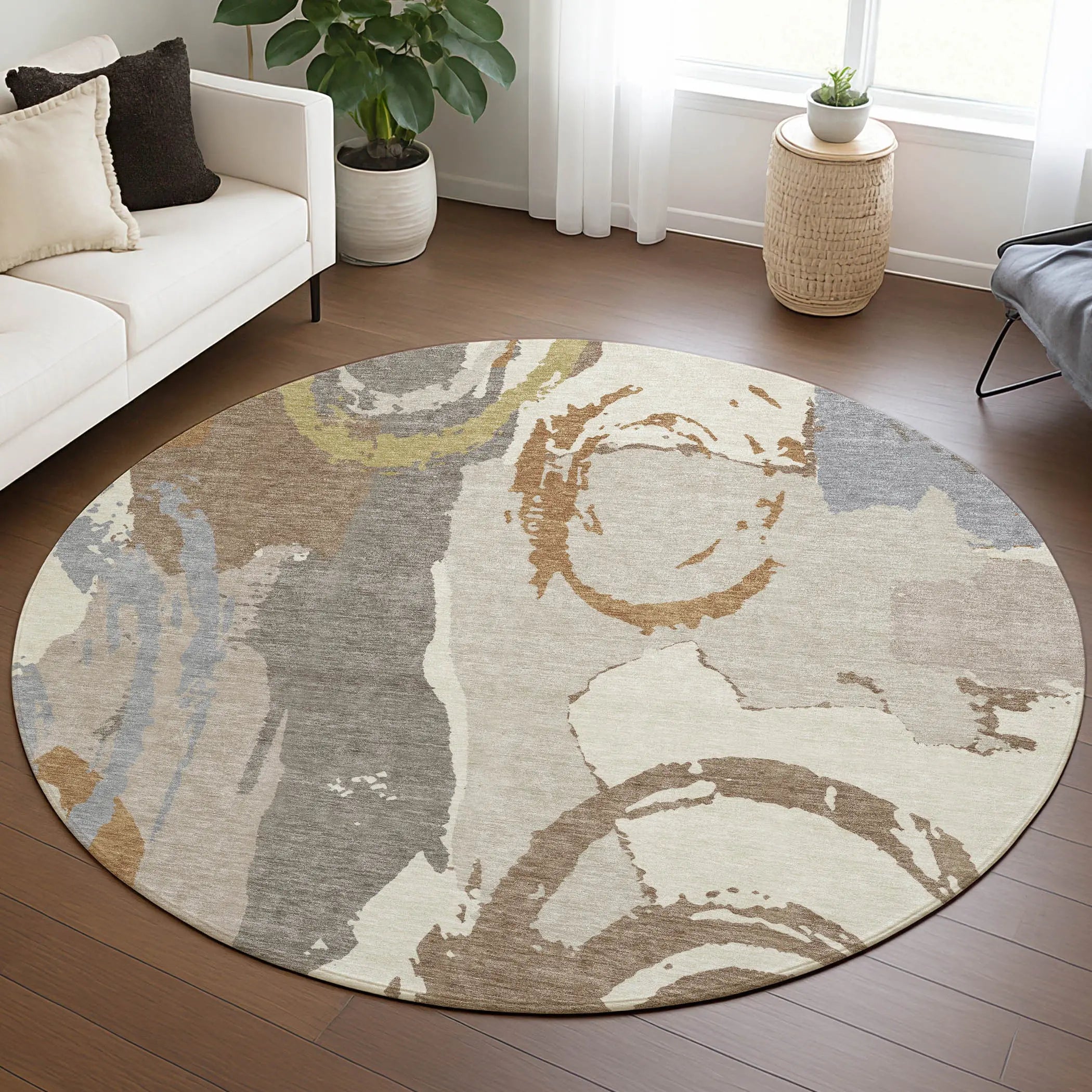 8' Ivory And Taupe Round Abstract Washable Indoor Outdoor Area Rug Homeroots Outdoor