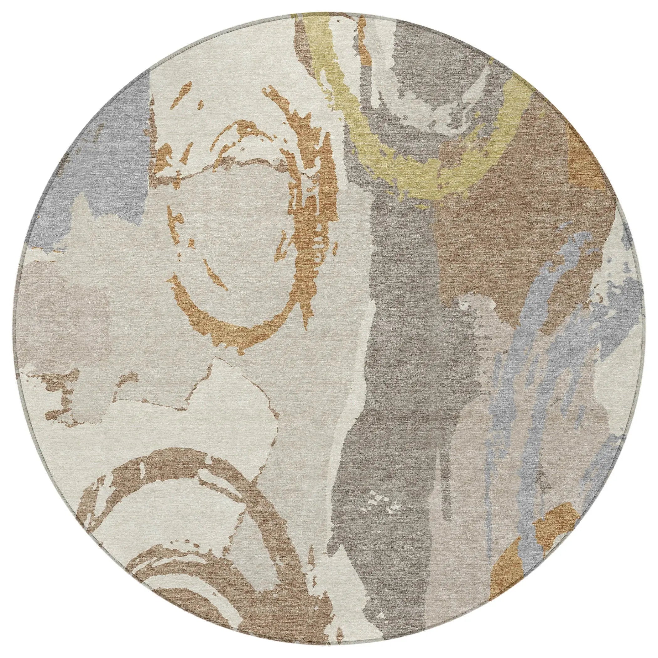 8' Ivory And Taupe Round Abstract Washable Indoor Outdoor Area Rug Homeroots Outdoor