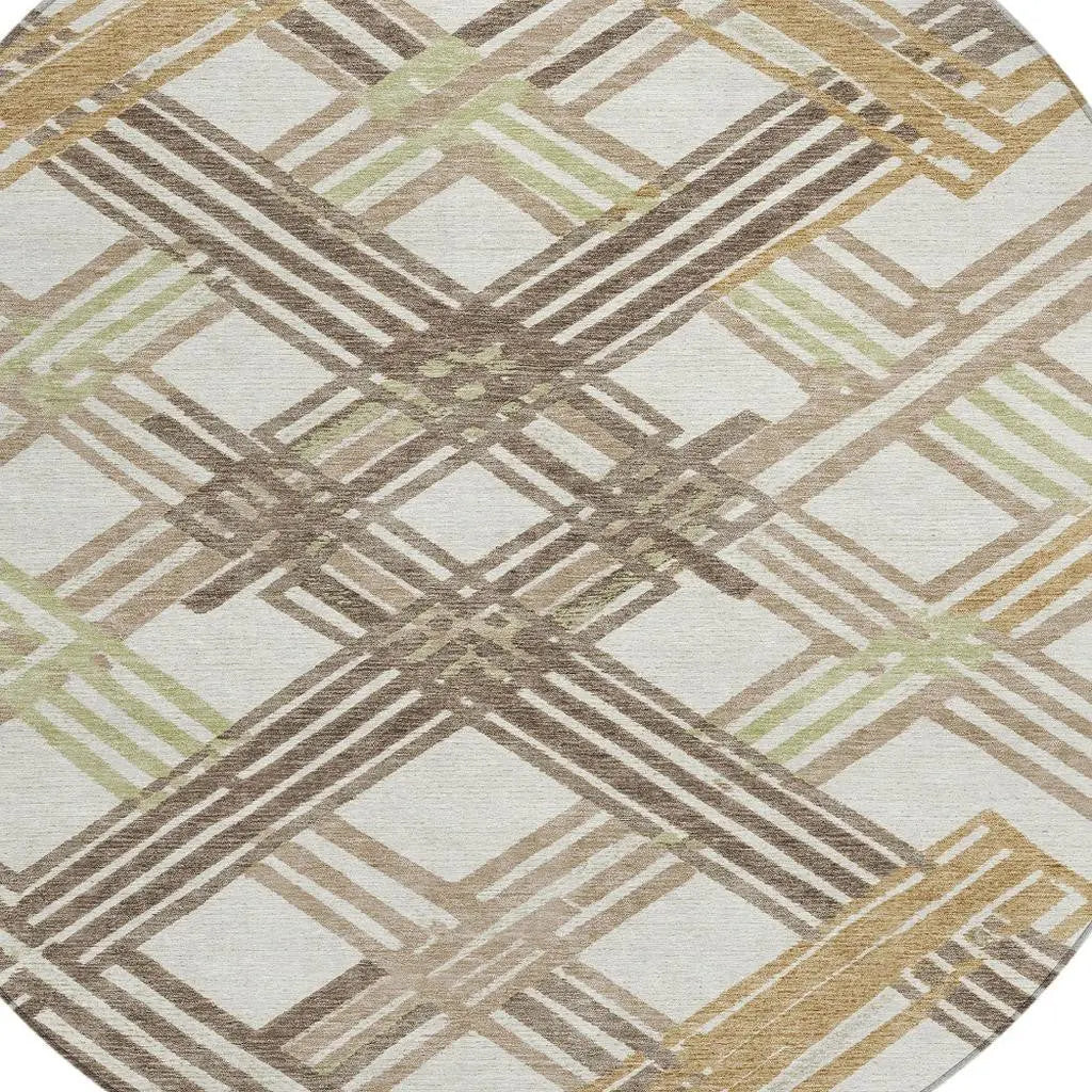 8' Ivory And Taupe Round Geometric Washable Indoor Outdoor Area Rug Homeroots Outdoor