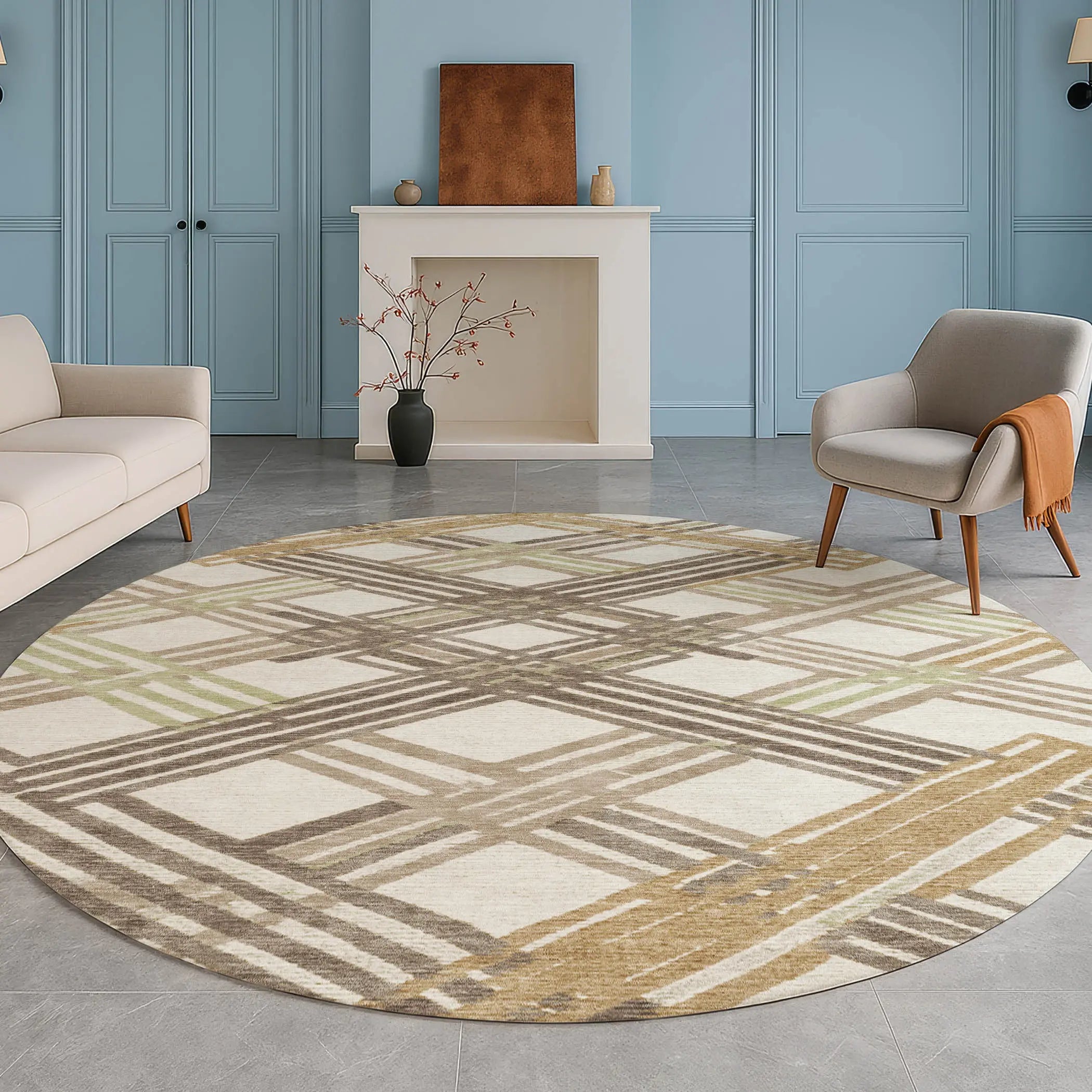 8' Ivory And Taupe Round Geometric Washable Indoor Outdoor Area Rug Homeroots Outdoor