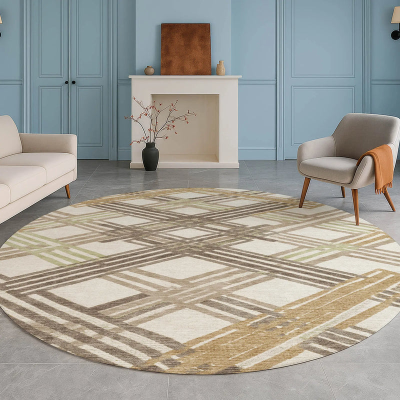 8' Ivory And Taupe Round Geometric Washable Indoor Outdoor Area Rug Homeroots Outdoor