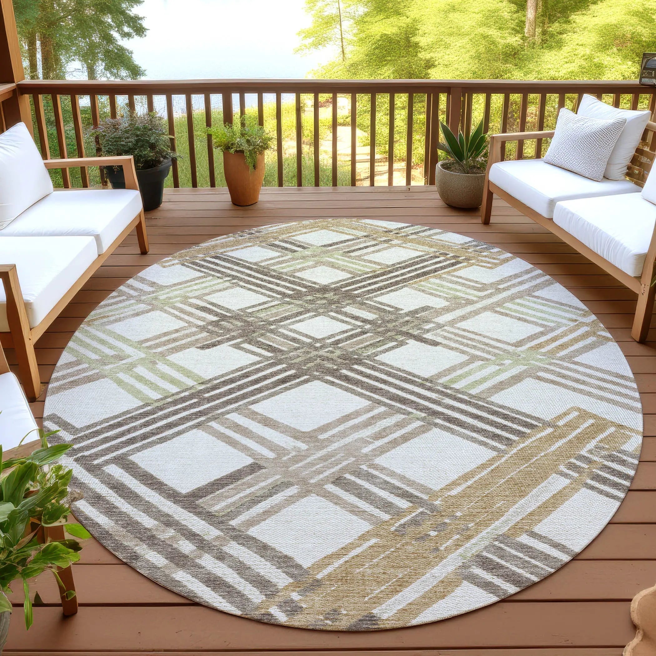 8' Ivory And Taupe Round Geometric Washable Indoor Outdoor Area Rug Homeroots Outdoor