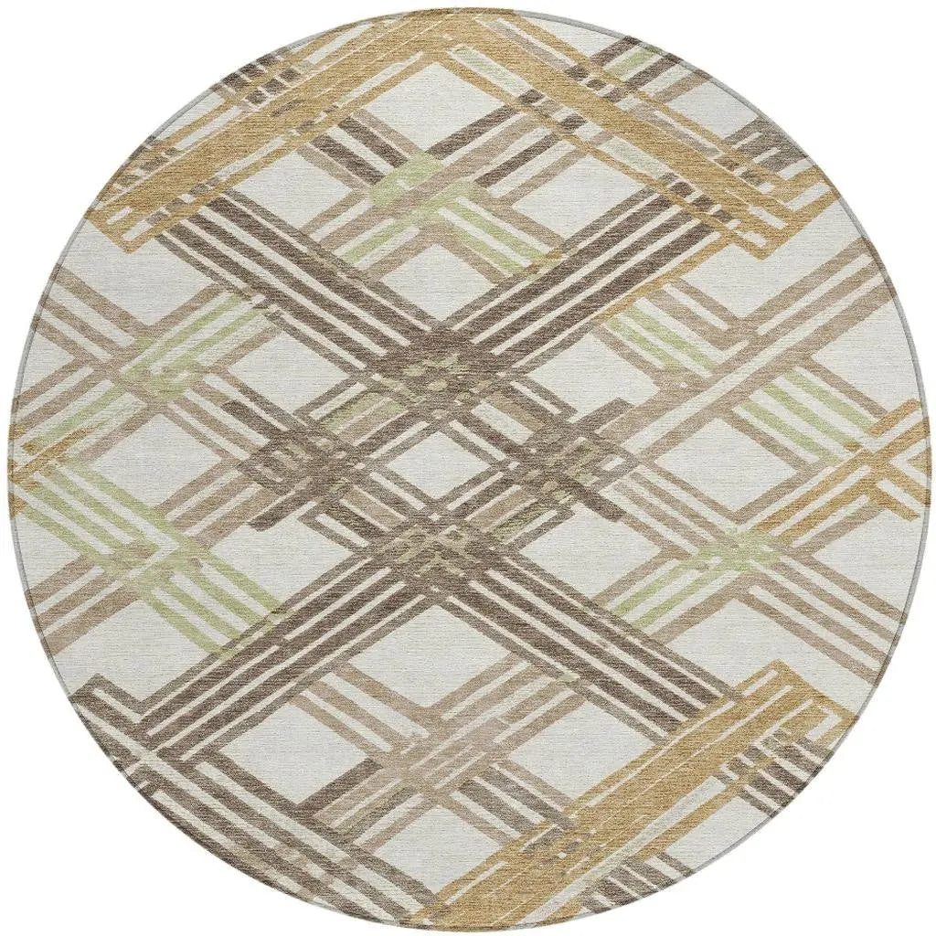 8' Ivory And Taupe Round Geometric Washable Indoor Outdoor Area Rug Homeroots Outdoor